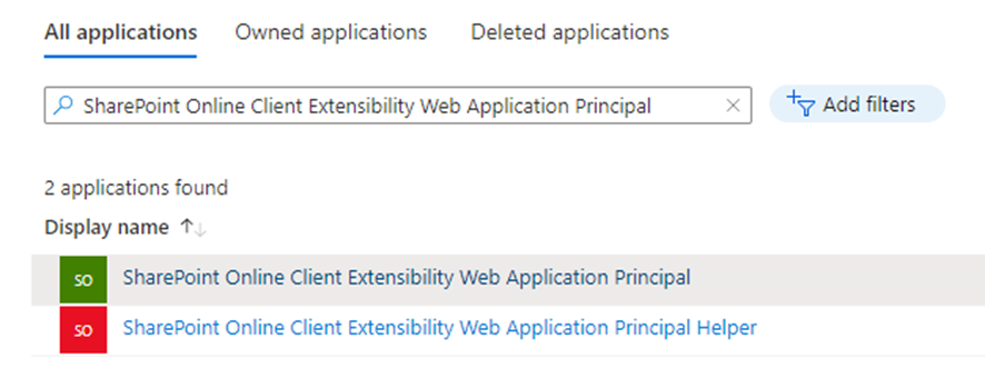 Look for SharePoint Online Client Extensibility Web Application Principal