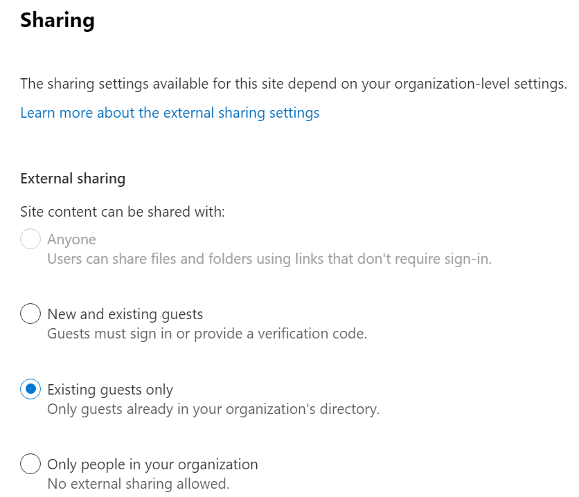 Site external sharing configuration